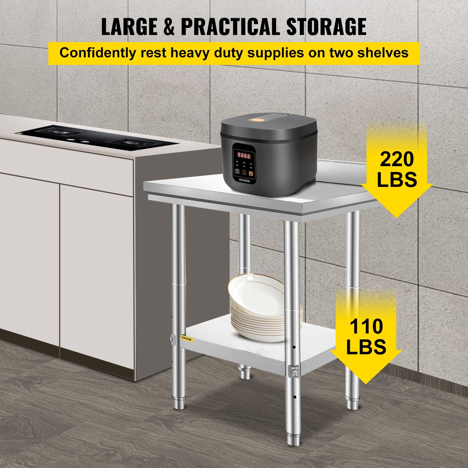 Start2Finish stainless steel work table, 24x24x35 inches, heavy-duty commercial food prep table with adjustable height for restaurant or home use.