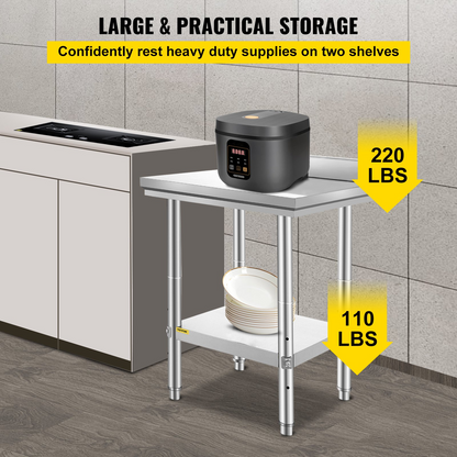 Start2Finish stainless steel work table, 24x24x35 inches, heavy-duty commercial food prep table with adjustable height for restaurant or home use.
