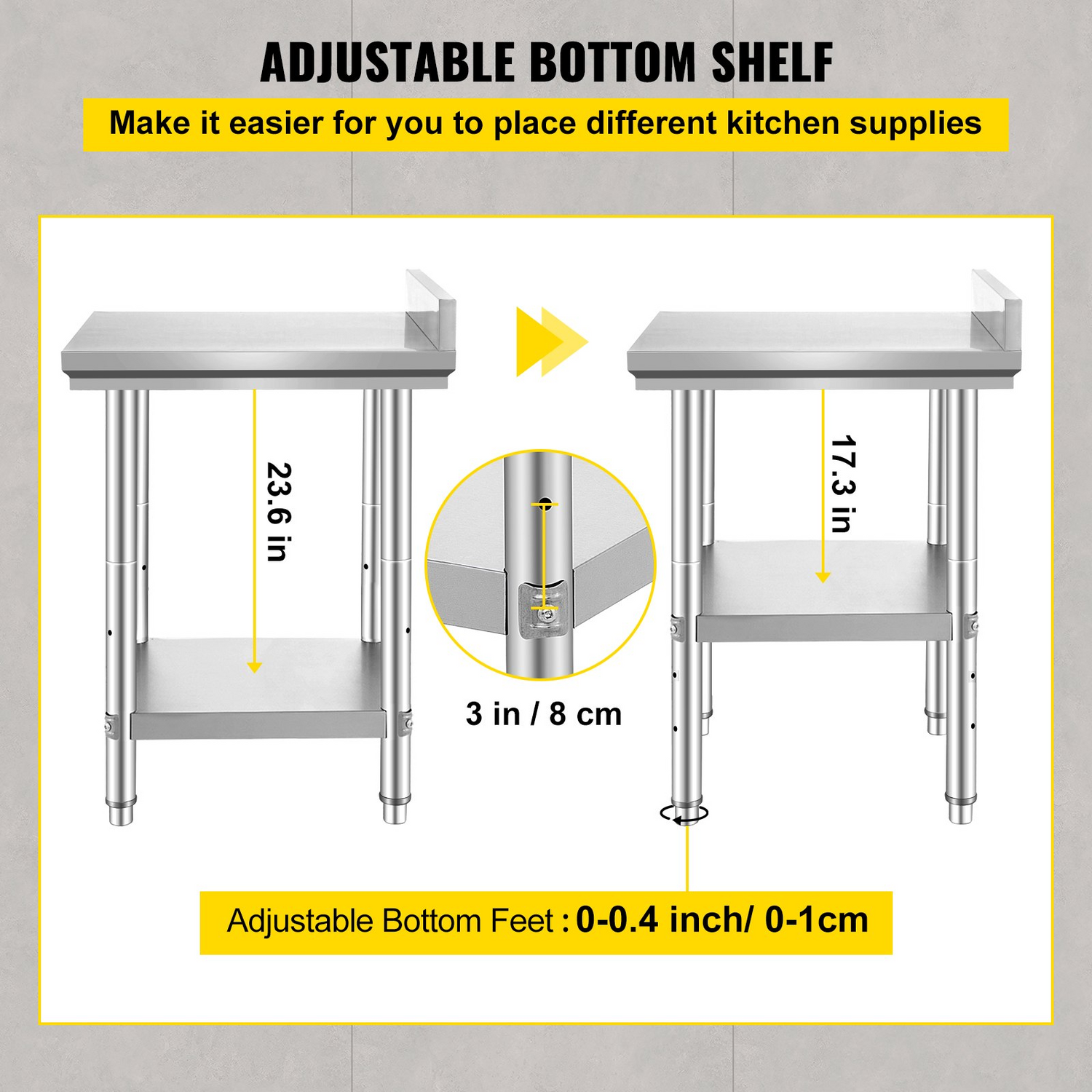 Start2Finish stainless steel work table, 24x24x35 inches, commercial food prep table with adjustable height for restaurant or home use.