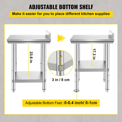 Start2Finish stainless steel work table, 24x24x35 inches, commercial food prep table with adjustable height for restaurant or home use.