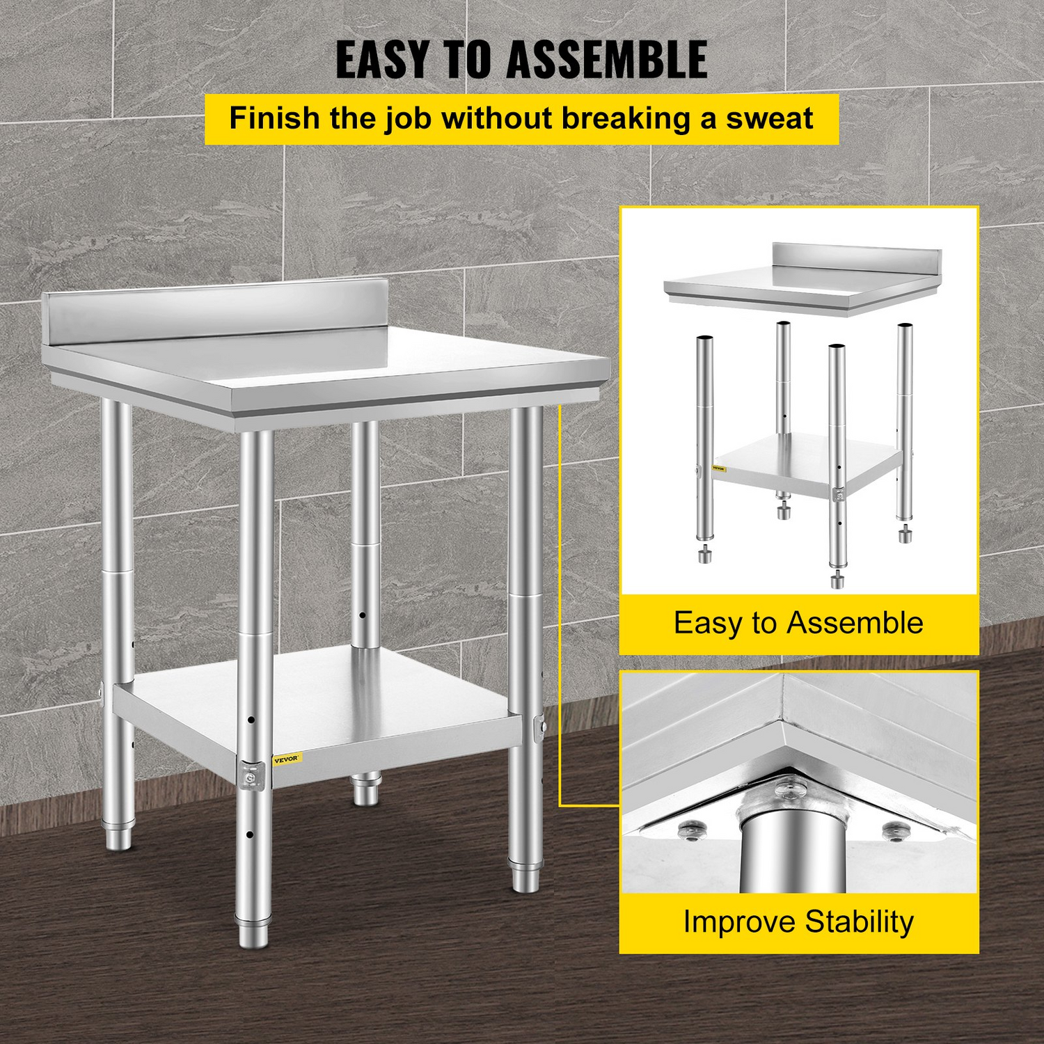 Stainless steel VEVOR commercial work table with adjustable height, 24x24x35 inches, ideal for restaurant, hotel, or home food prep.