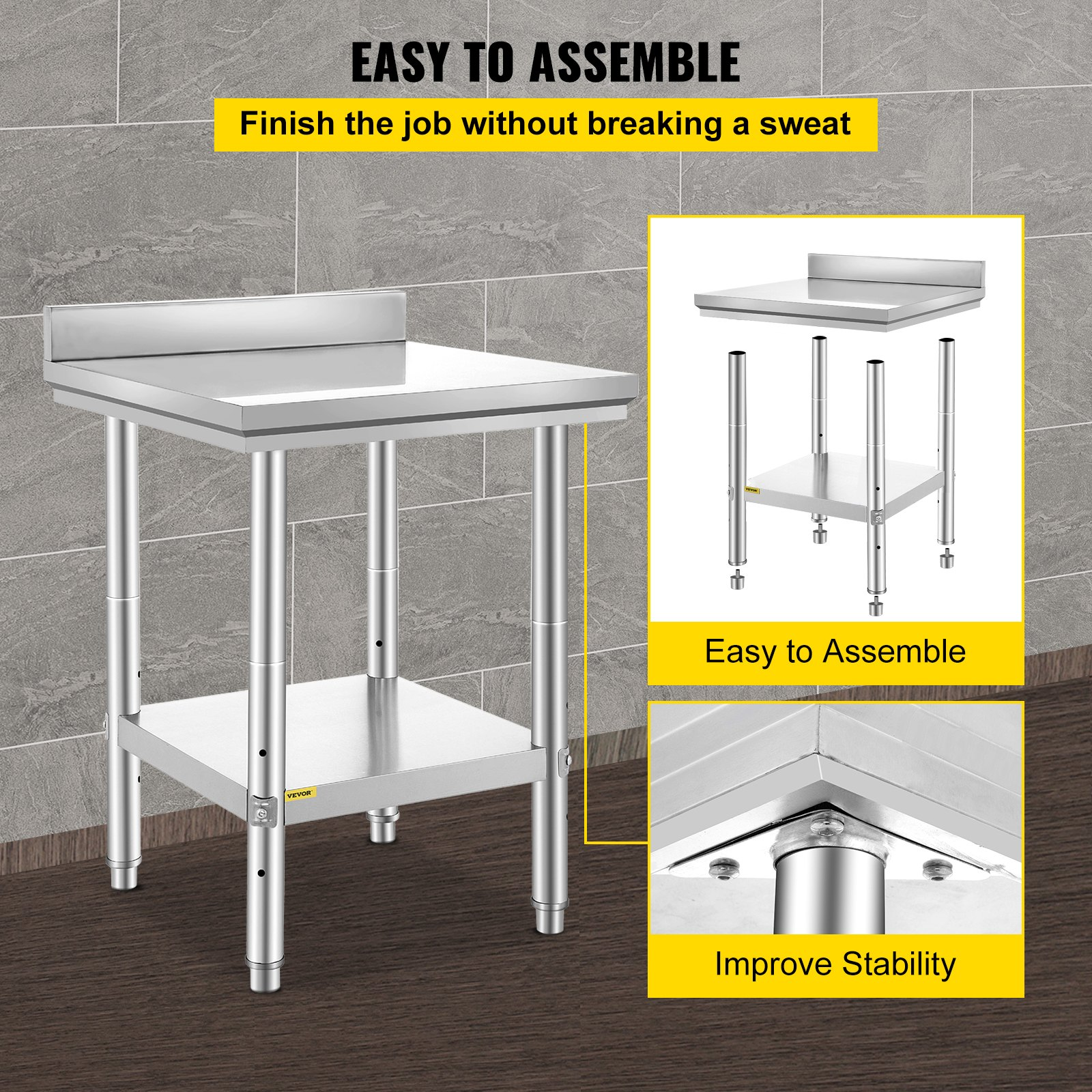 Stainless steel VEVOR commercial work table with adjustable height, 24x24x35 inches, ideal for restaurant, hotel, or home food prep.