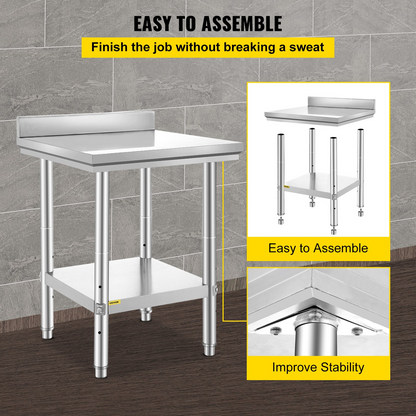 Stainless steel VEVOR commercial work table with adjustable height, 24x24x35 inches, ideal for restaurant, hotel, or home food prep.
