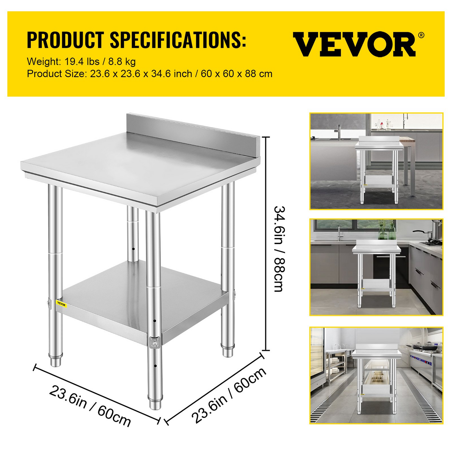 Stainless steel Start2Finish work table with adjustable height, commercial kitchen prep surface, 24x24x35 inches, heavy-duty construction