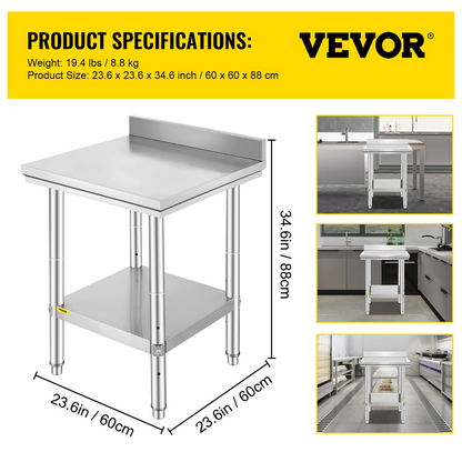 Stainless steel Start2Finish work table with adjustable height, commercial kitchen prep surface, 24x24x35 inches, heavy-duty construction
