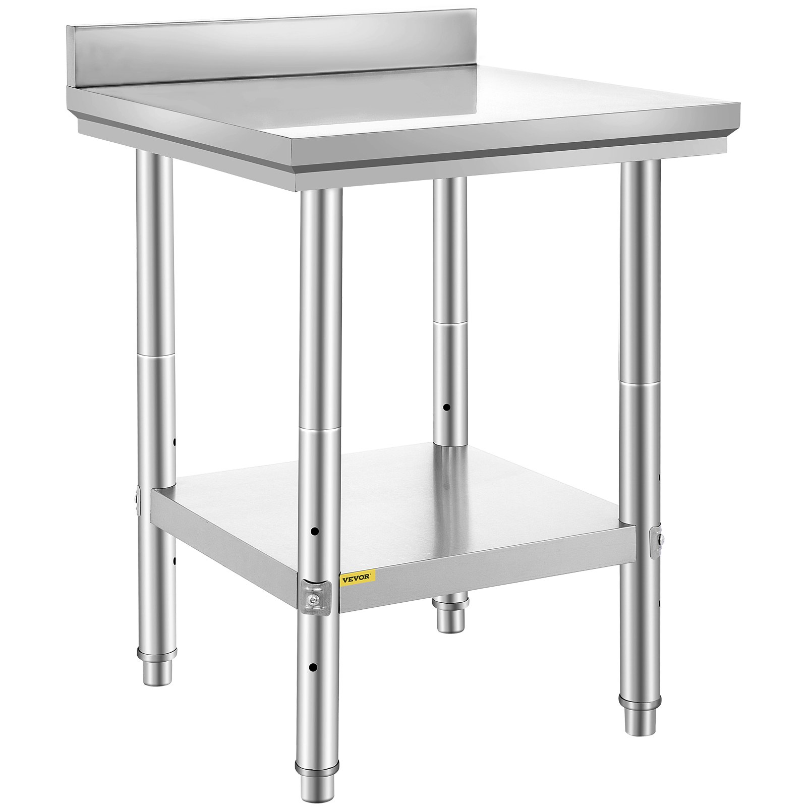 Stainless steel VEVOR 24x24x35 inch commercial work table with adjustable height, ideal for restaurant, home, or hotel food prep.
