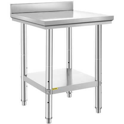 Stainless steel VEVOR 24x24x35 inch commercial work table with adjustable height, ideal for restaurant, home, or hotel food prep.