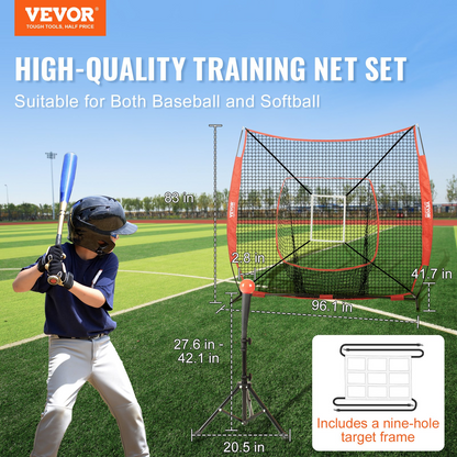 Start2Finish VEVOR 7x7 ft baseball practice net with bow frame, carry bag, strike zone, ball, batting tee for hitting and catching drills.