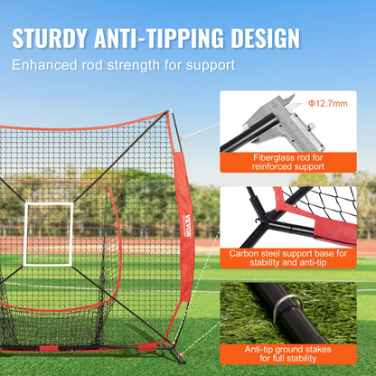 Start2Finish VEVOR 7x7 ft baseball practice net with bow frame, carry bag, strike zone, batting tee, and baseball equipment.