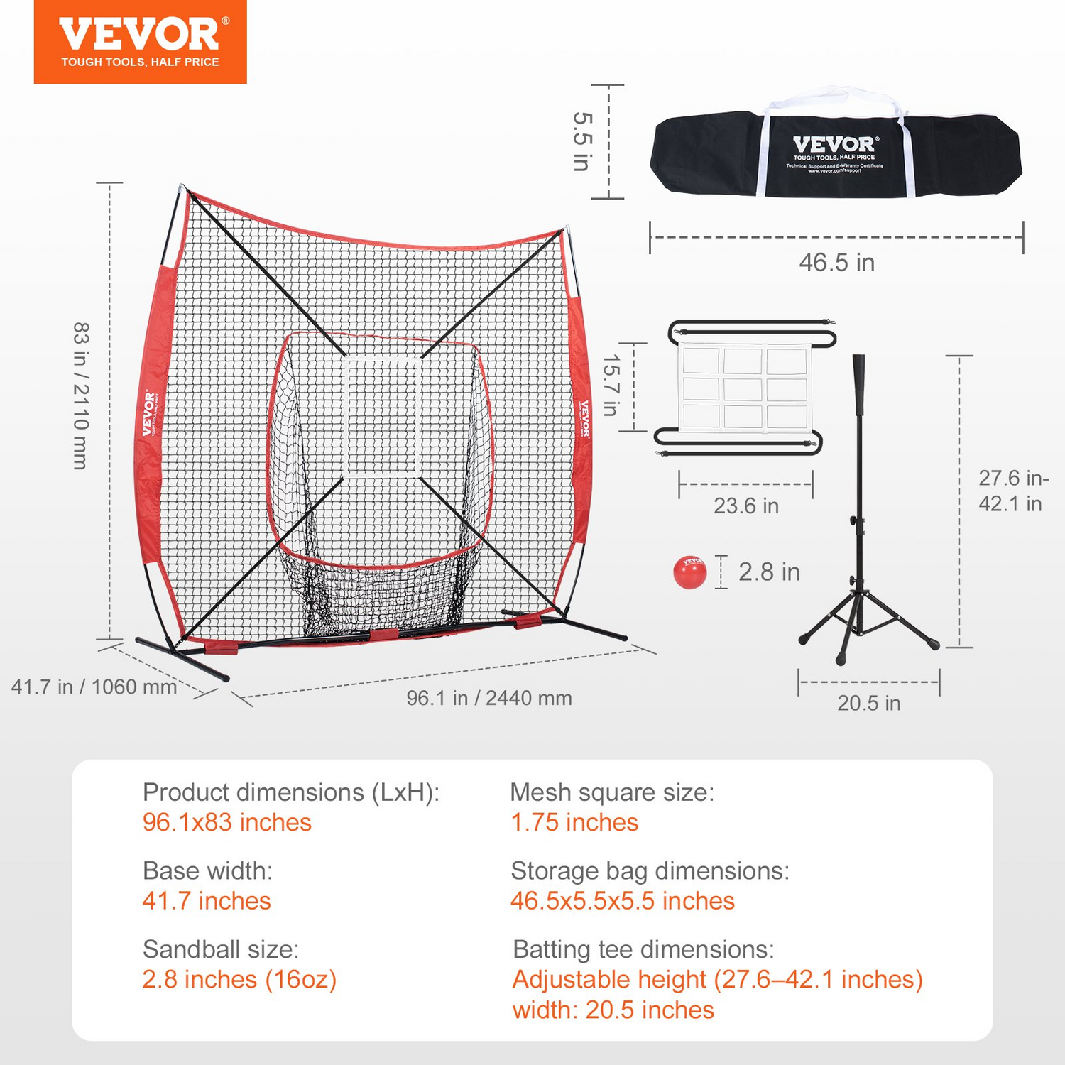 Start2Finish VEVOR 7x7 ft baseball practice net with bow frame, carrying bag, strike zone, ball, and batting tee for training.