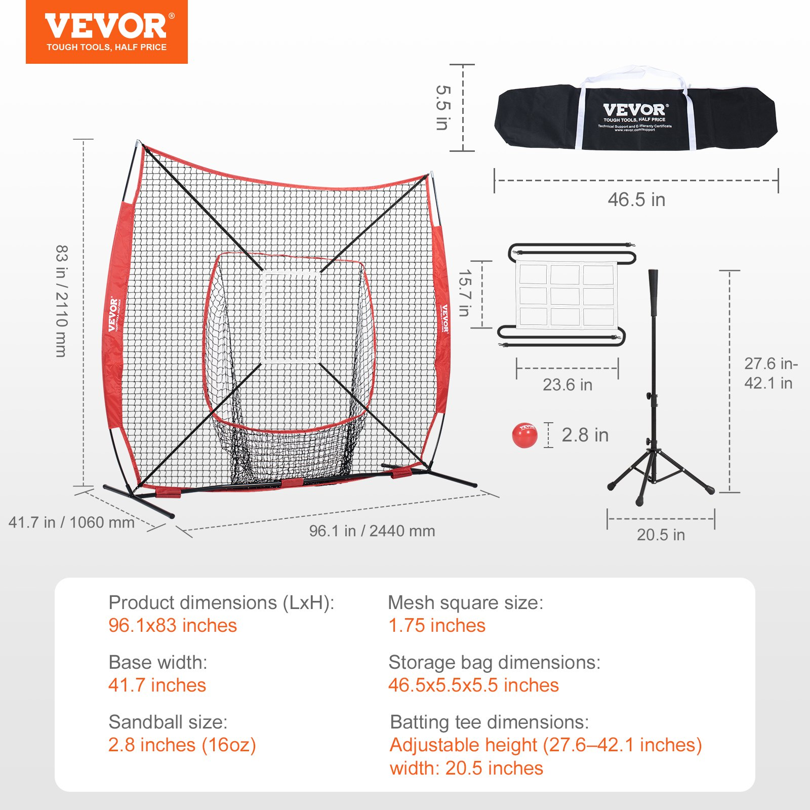 Start2Finish VEVOR 7x7 ft baseball practice net with bow frame, carrying bag, strike zone, ball, and batting tee for training.