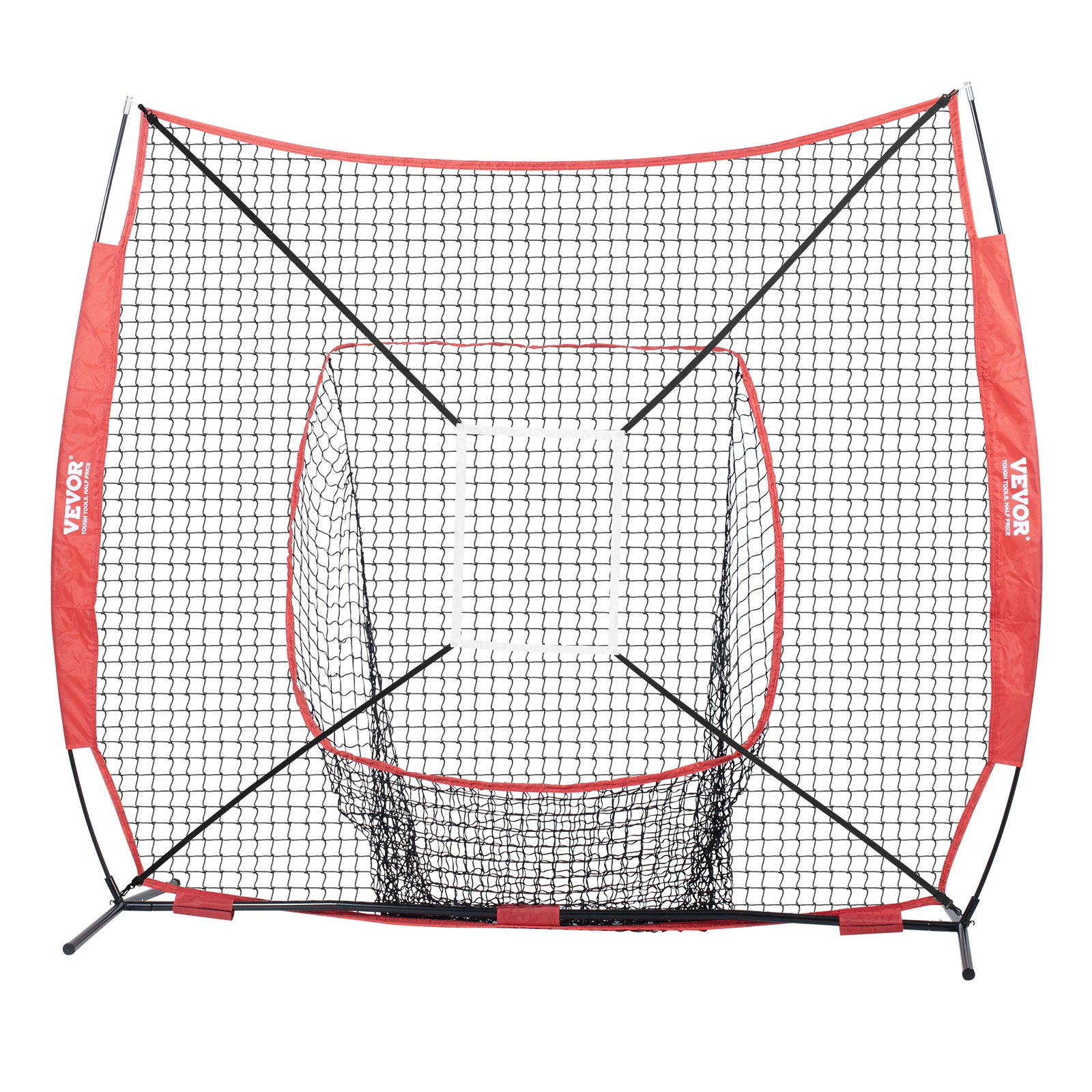Start2Finish VEVOR 7x7 ft baseball practice net with bow frame, carry bag, strike zone, ball, and batting tee for hitting and catching drills.