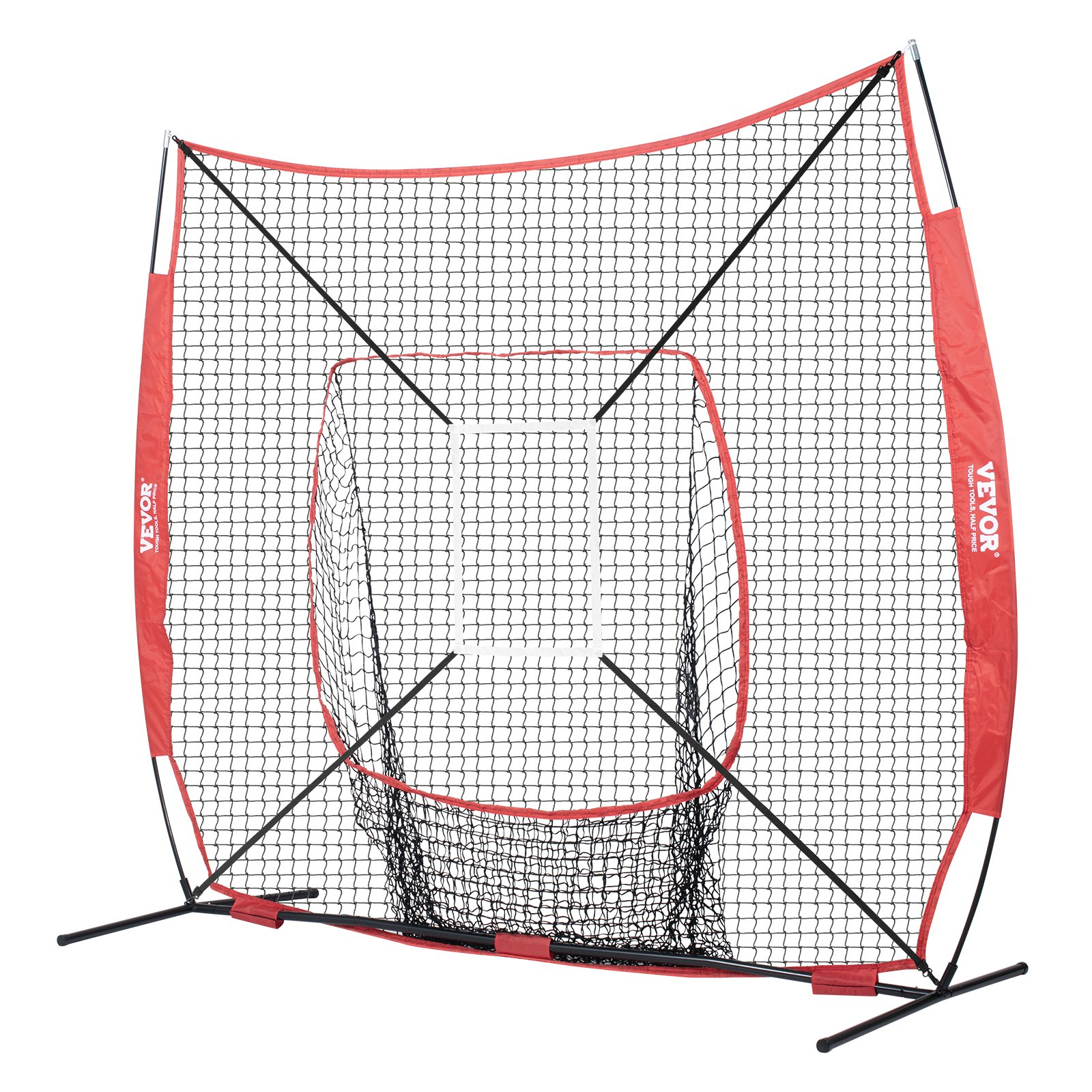 Start2Finish VEVOR 7x7 ft portable baseball practice net with bow frame, carry bag, strike zone, ball, and batting tee for training.