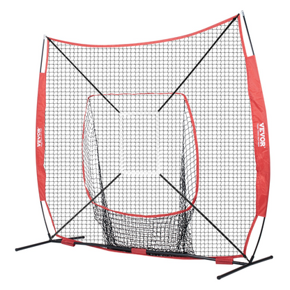 Start2Finish VEVOR 7x7 ft portable baseball practice net with bow frame, carry bag, strike zone, ball, and batting tee for training.