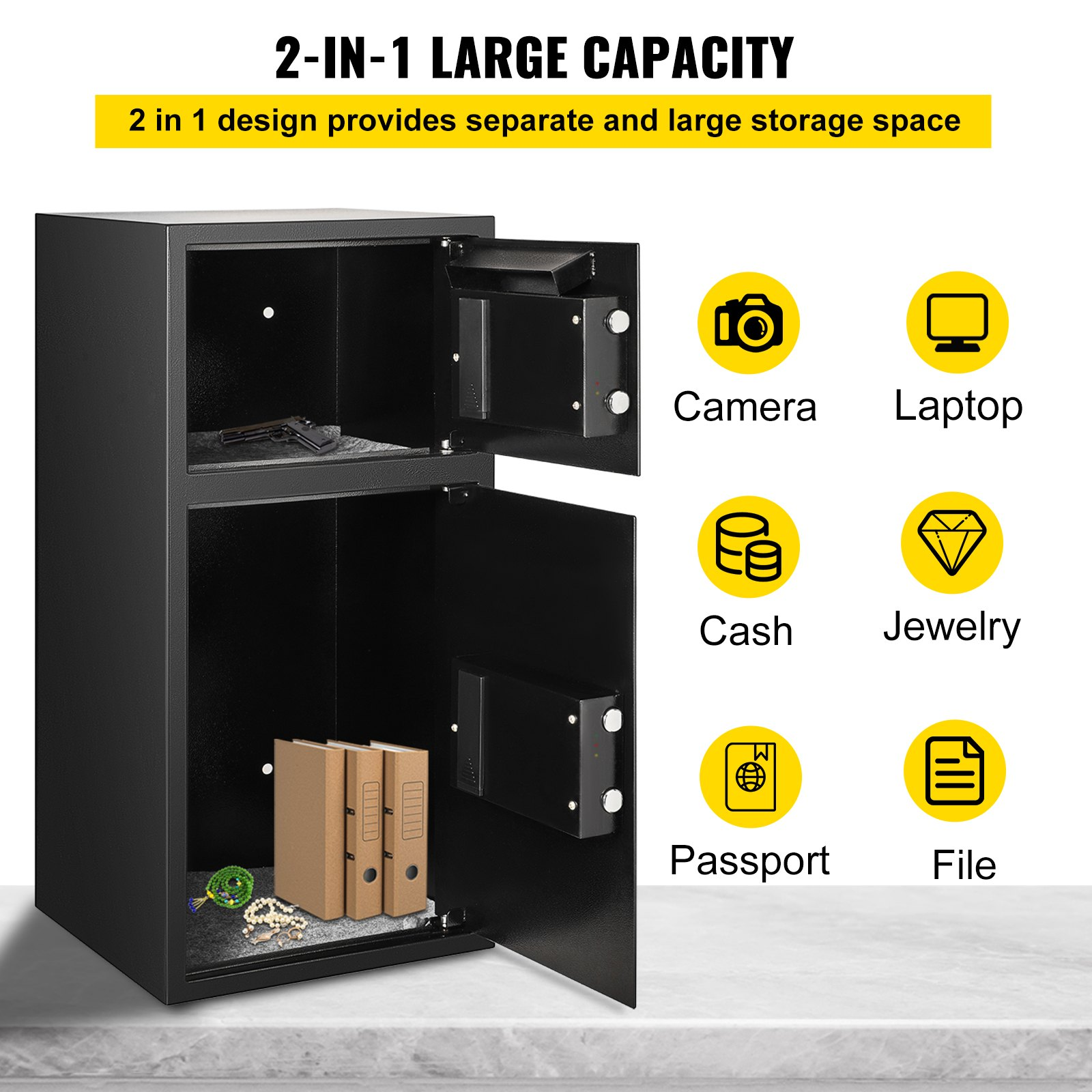 Start2Finish VEVOR large steel security safe box with double doors, digital lock, black finish, 2.6 cubic feet for valuables.