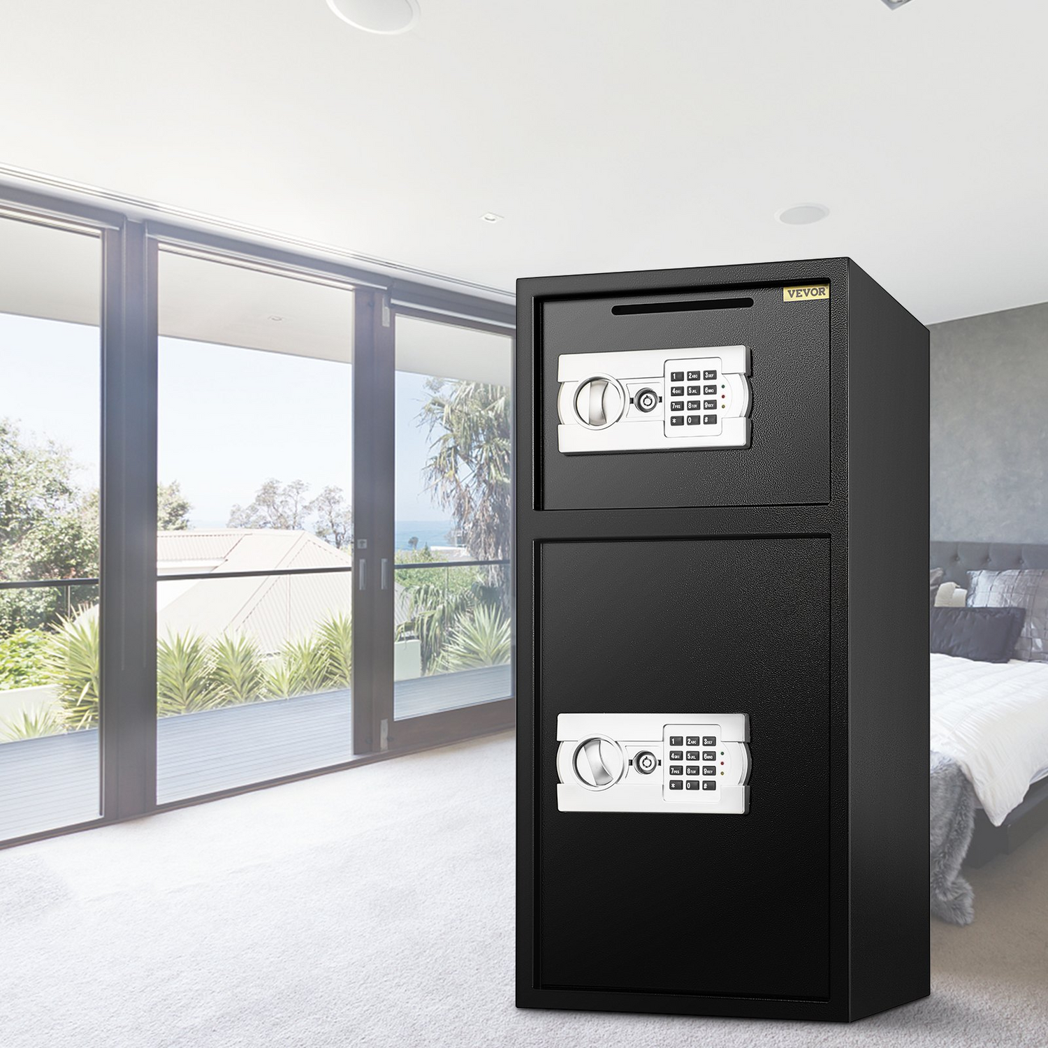 Start2Finish VEVOR large double door security safe with digital lock, steel safe box for money, guns, and jewelry in black.