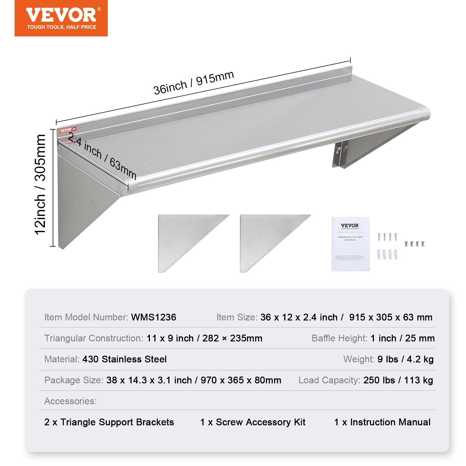 Start2Finish stainless steel wall-mounted shelf with brackets, 12x36 inches, heavy-duty commercial shelving for kitchens, bars, and restaurants.