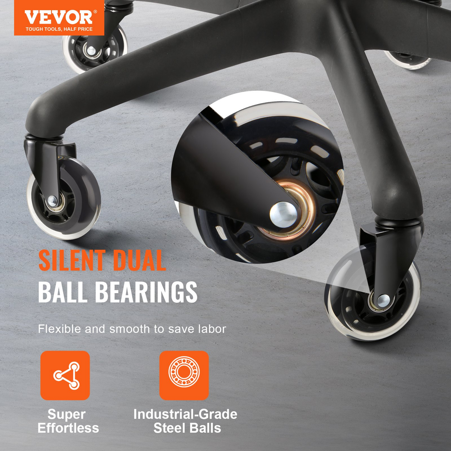 Set of five VEVOR office chair wheels with 3-inch casters, heavy-duty rollers for hardwood floors and carpets, universal fit.