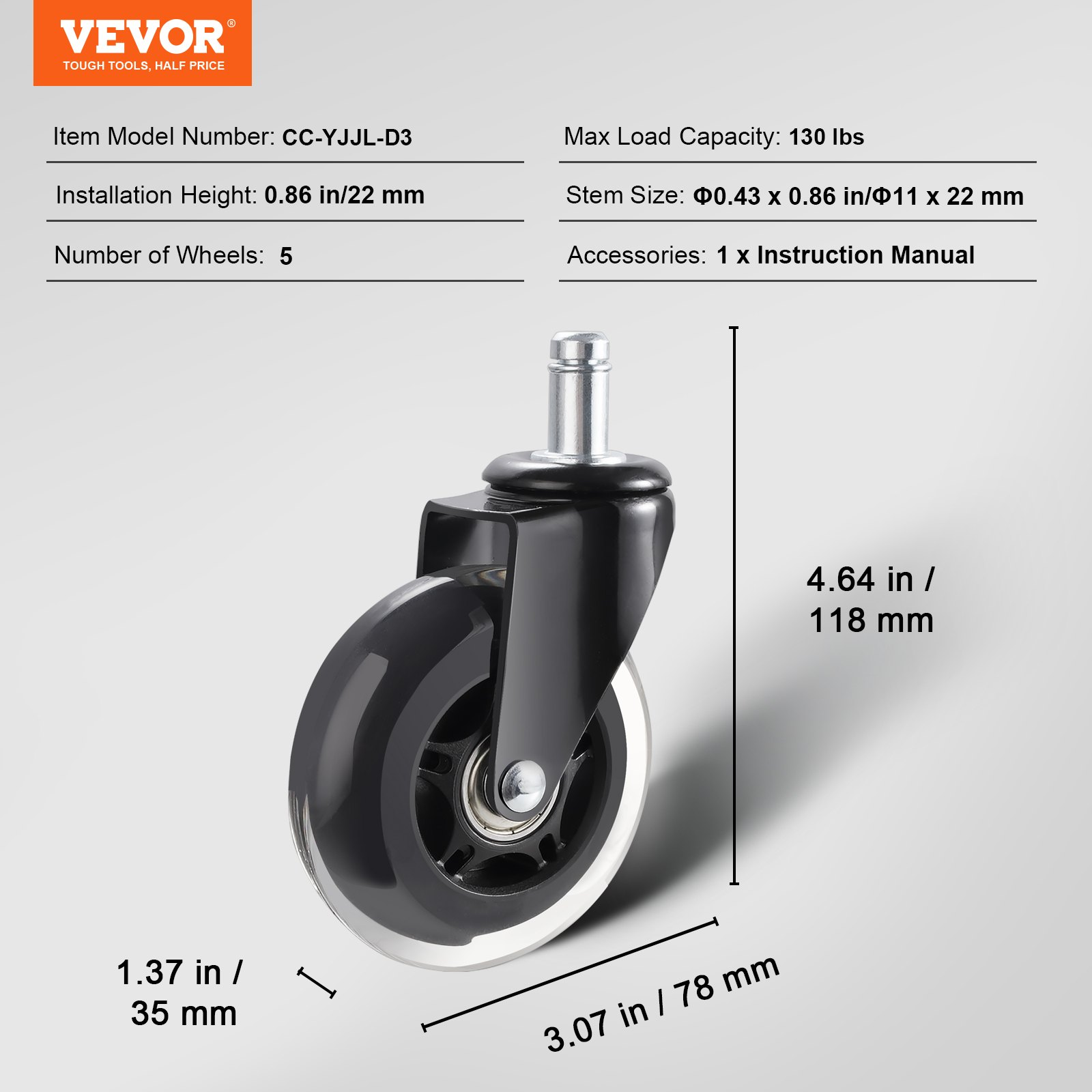 Set of five VEVOR office chair wheels, heavy-duty 3-inch caster wheels with universal fit for hardwood and carpet floors.