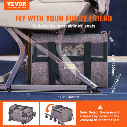Grey VEVOR rolling cat and dog carrier with telescopic handle, shoulder strap, folding bowl, airline approved for pets under 22 lbs.