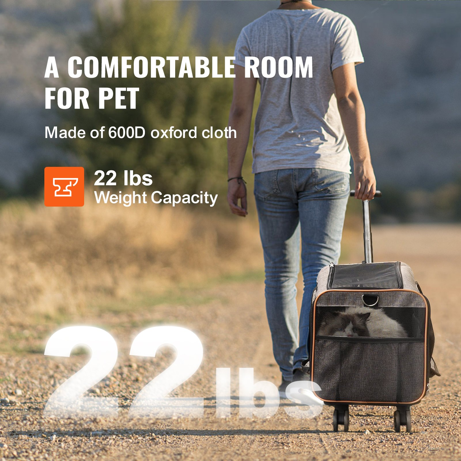 Grey VEVOR cat and dog carrier with wheels, airline approved pet carrier with telescopic handle, shoulder strap, and folding bowl.