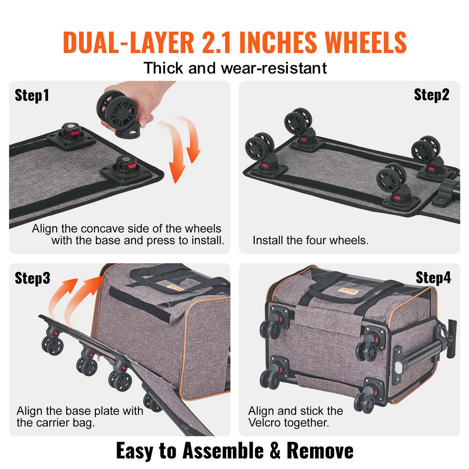 Start2Finish VEVOR grey rolling cat and dog carrier with telescopic handle, shoulder strap, folding bowl, airline approved, for pets under 22 lbs.