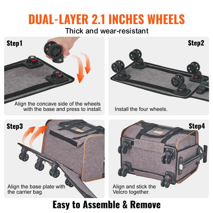 Start2Finish VEVOR grey rolling cat and dog carrier with telescopic handle, shoulder strap, folding bowl, airline approved, for pets under 22 lbs.