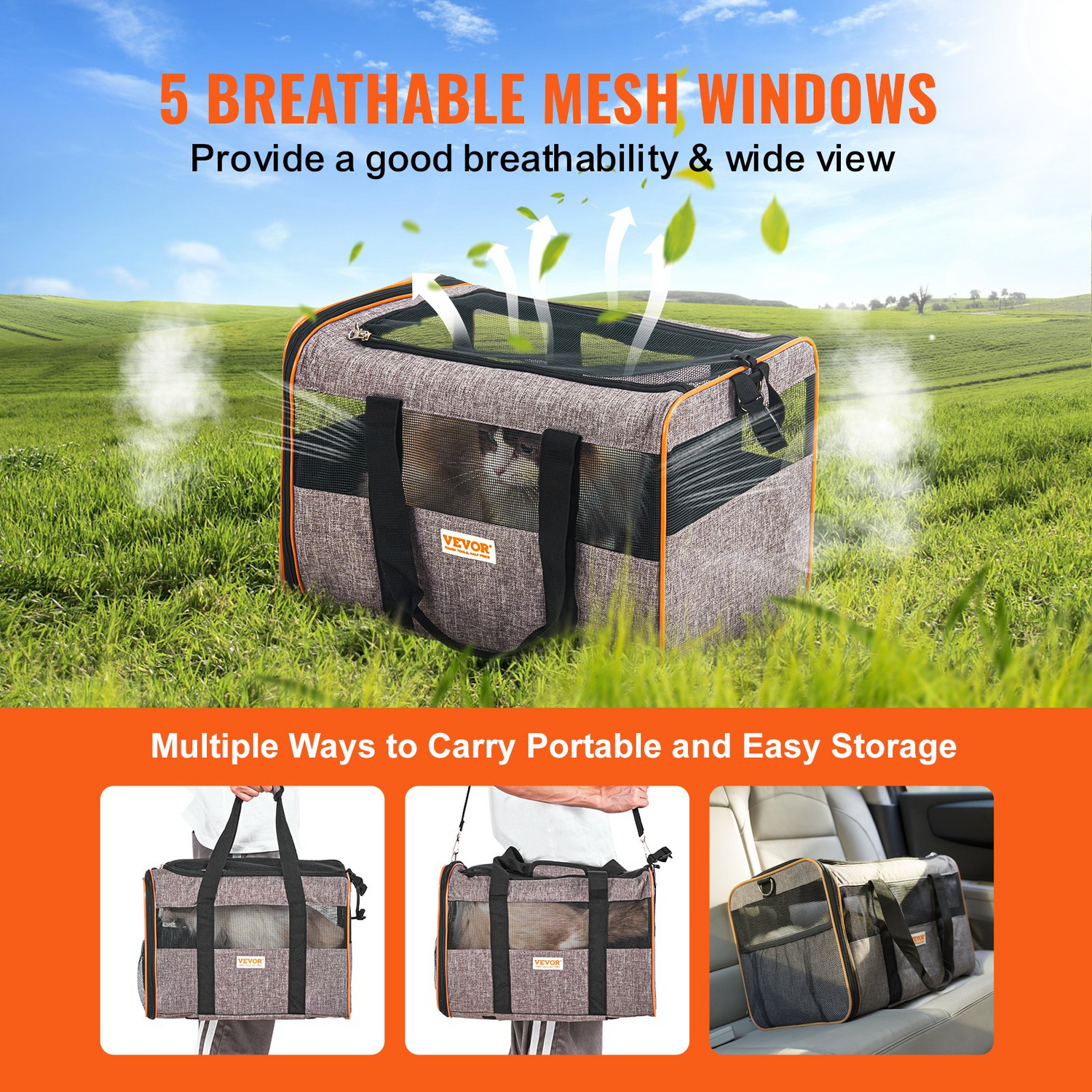 Grey VEVOR pet carrier with wheels, airline approved rolling dog carrier with telescopic handle, shoulder strap, and folding bowl.