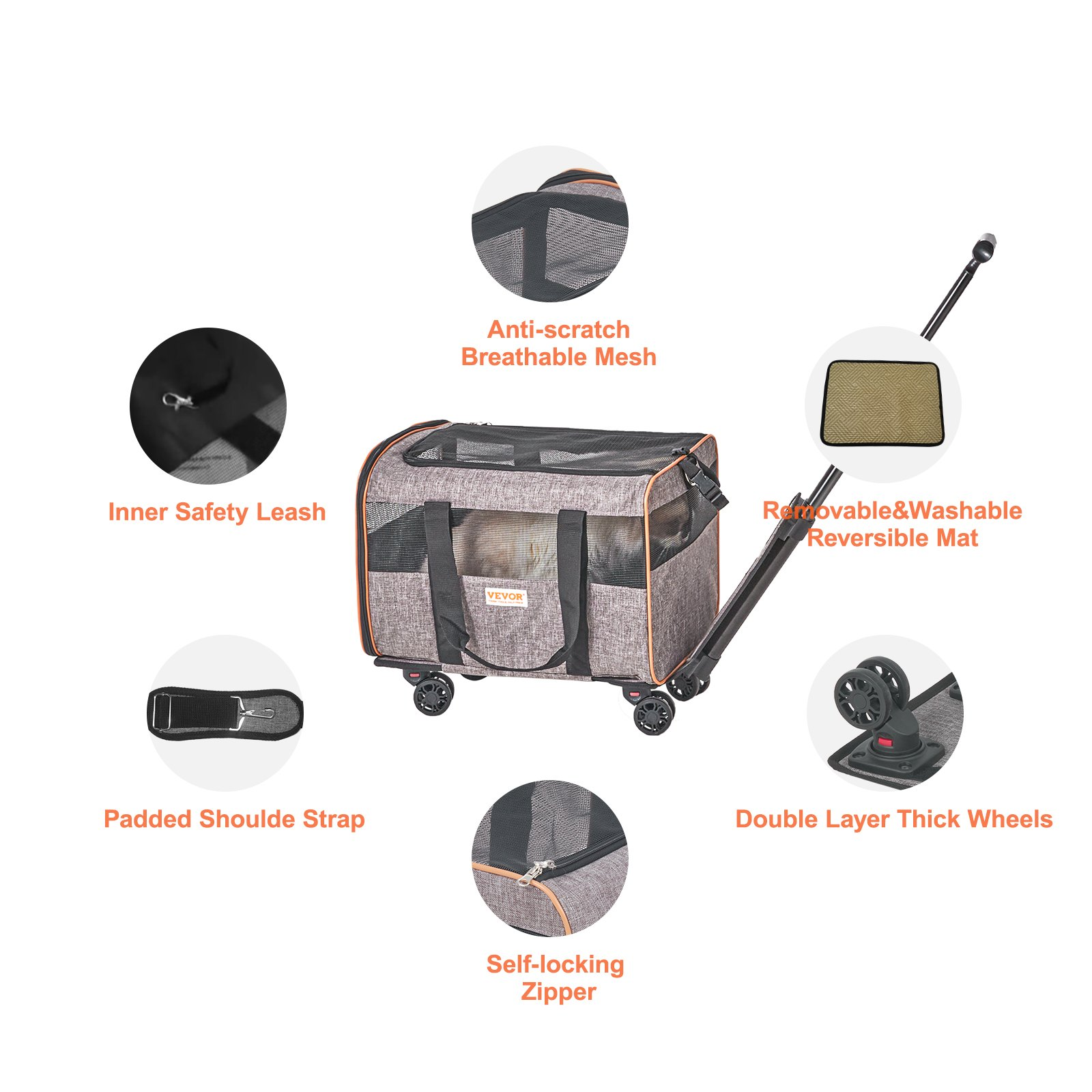 Grey VEVOR cat carrier with wheels, telescopic handle, shoulder strap, folding bowl, airline-approved pet carrier for dogs under 22 lbs