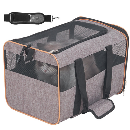 Start2Finish VEVOR grey cat carrier with wheels, airline approved rolling pet carrier, telescopic handle, shoulder strap, and folding bowl