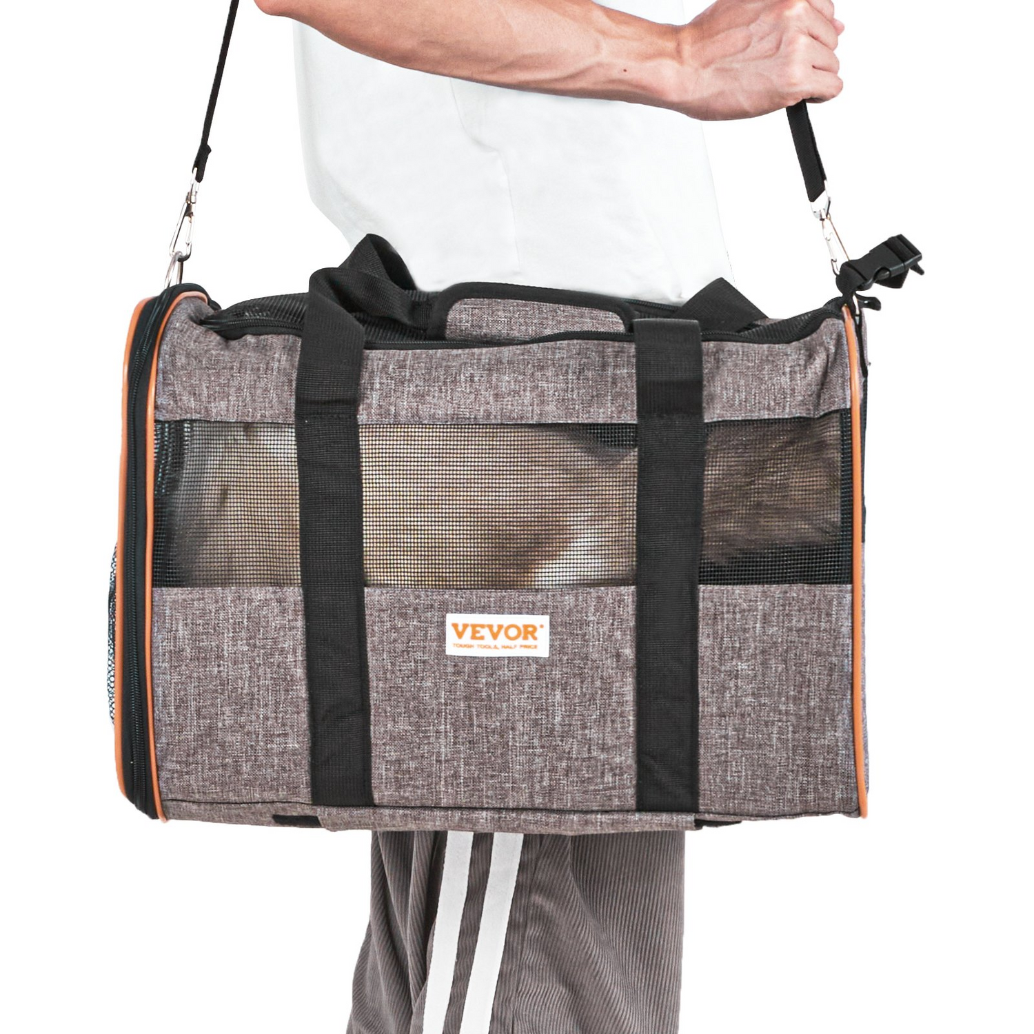 Start2Finish VEVOR grey rolling cat and dog carrier with telescopic handle, shoulder strap, folding bowl, airline approved for pets under 22 lbs.