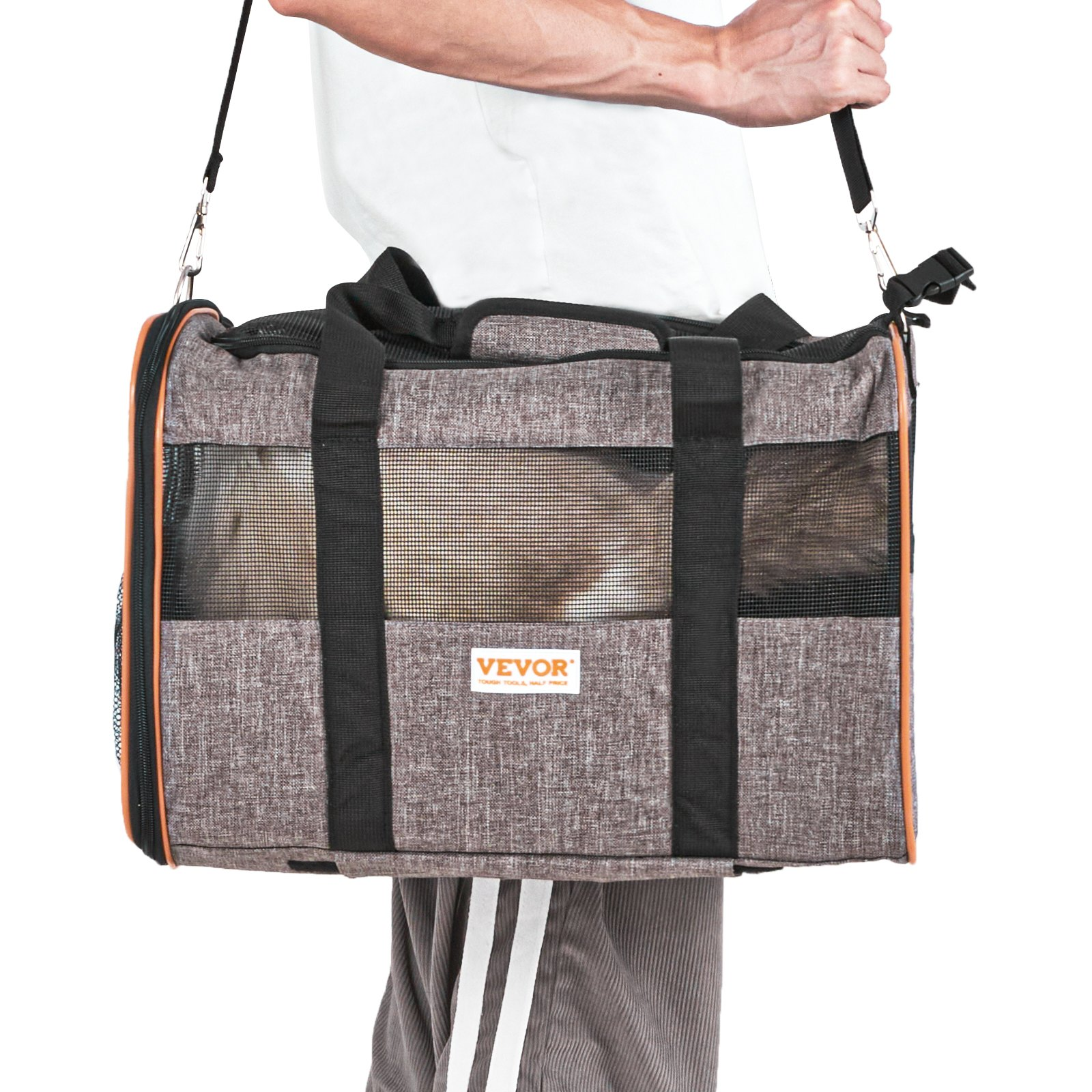 Start2Finish VEVOR grey rolling cat and dog carrier with telescopic handle, shoulder strap, folding bowl, airline approved for pets under 22 lbs.
