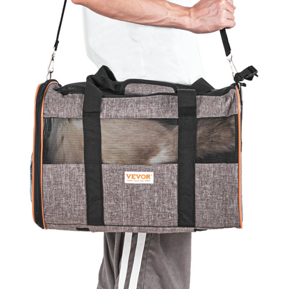 Start2Finish VEVOR grey rolling cat and dog carrier with telescopic handle, shoulder strap, folding bowl, airline approved for pets under 22 lbs.