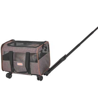 Grey VEVOR cat carrier with wheels, airline approved rolling pet carrier, telescopic handle, shoulder strap, and folding bowl for pets.