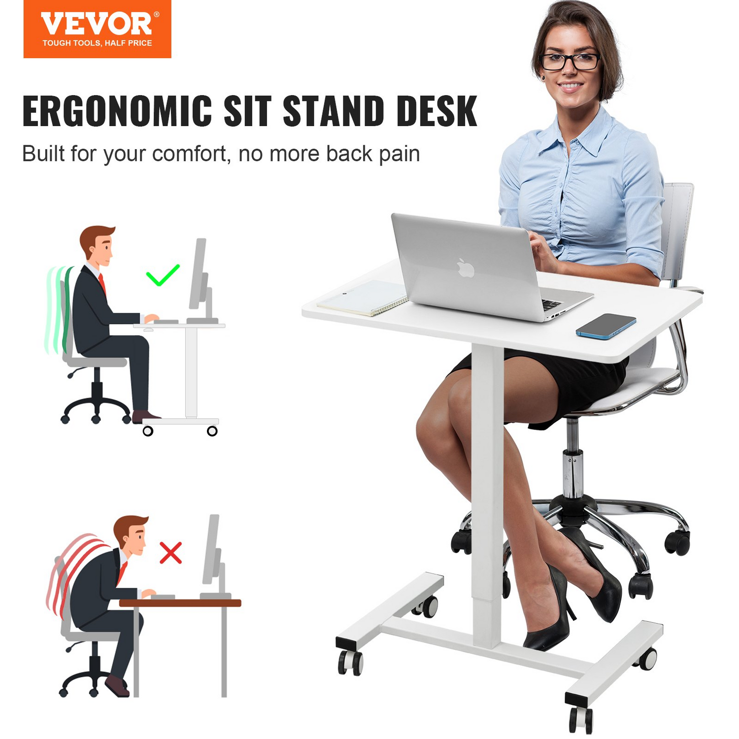 Start2Finish VEVOR mobile standing desk with gas-spring height adjustability, 4 swivel wheels, lockable, portable laptop workstation