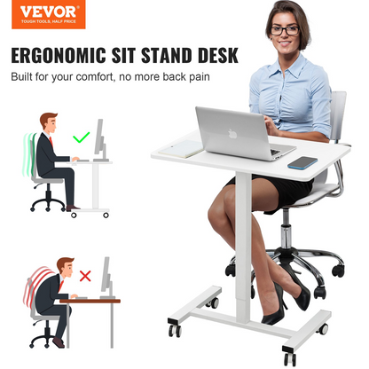 Start2Finish VEVOR mobile standing desk with gas-spring height adjustability, 4 swivel wheels, lockable, portable laptop workstation