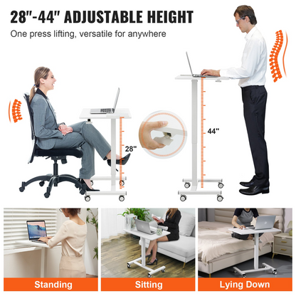 Start2Finish VEVOR mobile standing desk with gas-spring height adjustment, 360° swivel wheels, portable computer cart for home office.