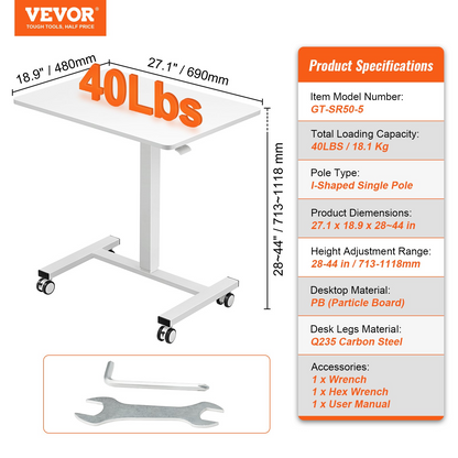 Start2Finish VEVOR mobile standing desk with gas-spring height adjustment, swivel wheels, and portable design for home or office use.