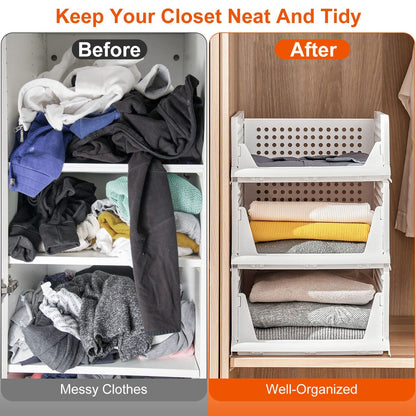 Four stackable plastic storage boxes with slide rails from Pear Daisy, suitable for organizing living room essentials.