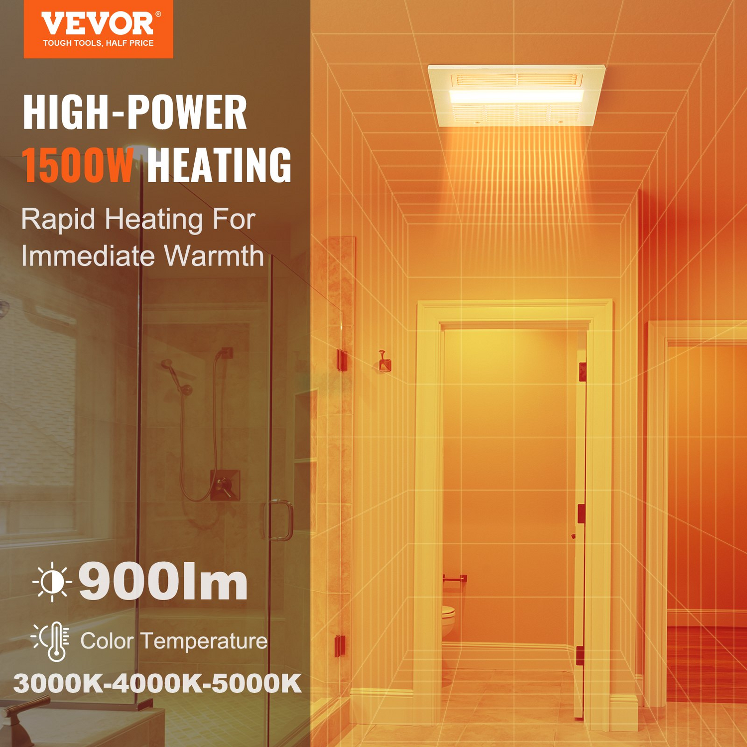 Start2Finish VEVOR bathroom exhaust fan with 1500W heating, 110 CFM ventilation, low noise, energy-saving ceiling fan for home use.