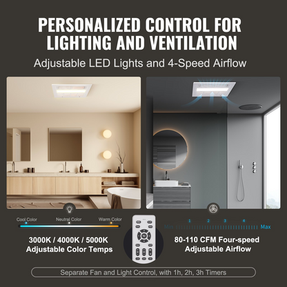 Start2Finish VEVOR bathroom exhaust fan with 1500W heating, 110 CFM ventilation, low noise, energy-efficient ceiling fan for home.