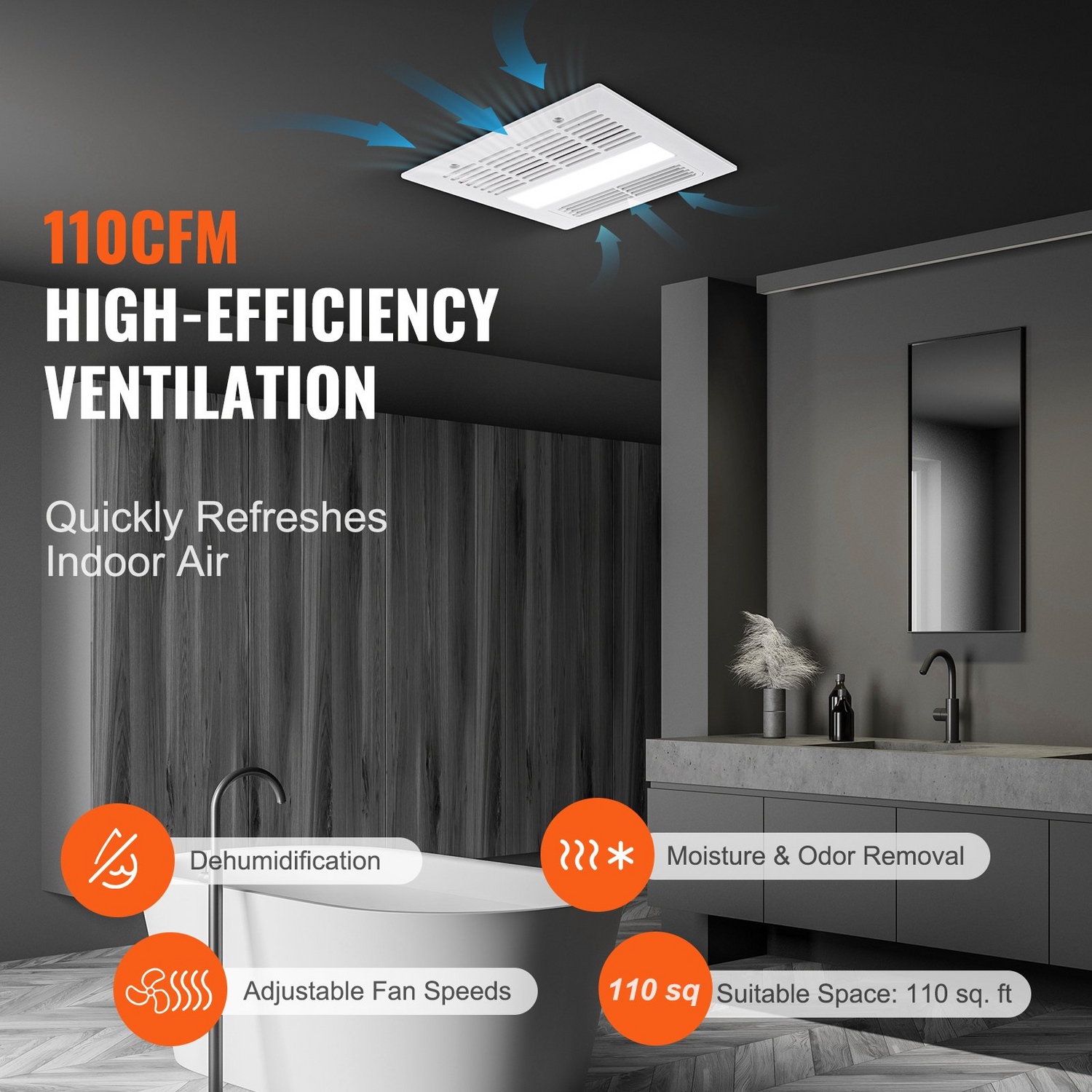 Start2Finish VEVOR bathroom exhaust fan with 1500W heating, 110 CFM ventilation, low noise, energy-efficient ceiling ventilation system.