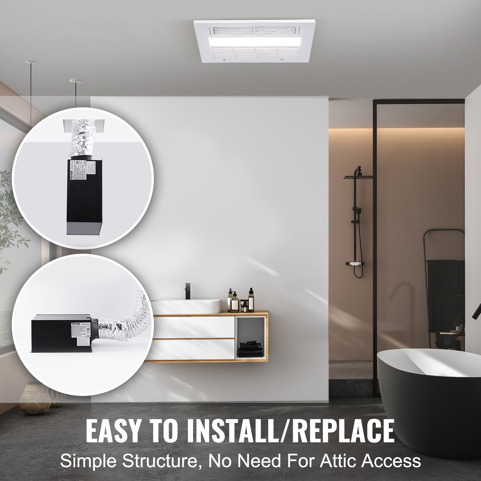 Start2Finish VEVOR bathroom exhaust fan with 1500W heating, 110 CFM ventilation, low noise operation, energy-saving ceiling fan.