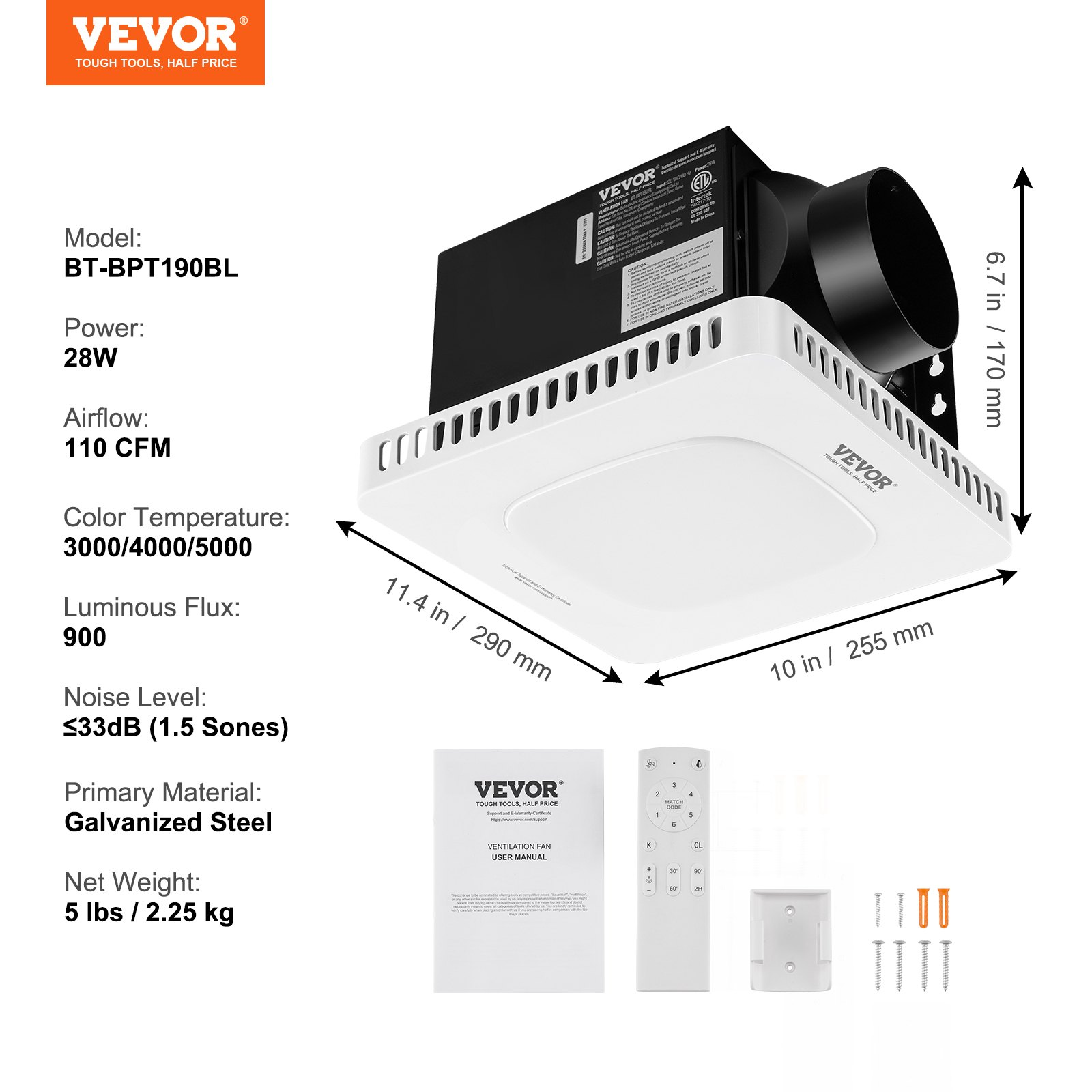Start2Finish VEVOR bathroom exhaust fan with 110 CFM airflow, all-copper motor, low noise, energy-efficient ceiling ventilation for home use.