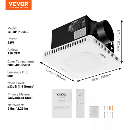 Start2Finish VEVOR bathroom exhaust fan with 110 CFM airflow, all-copper motor, low noise, energy-efficient ceiling ventilation for home use.