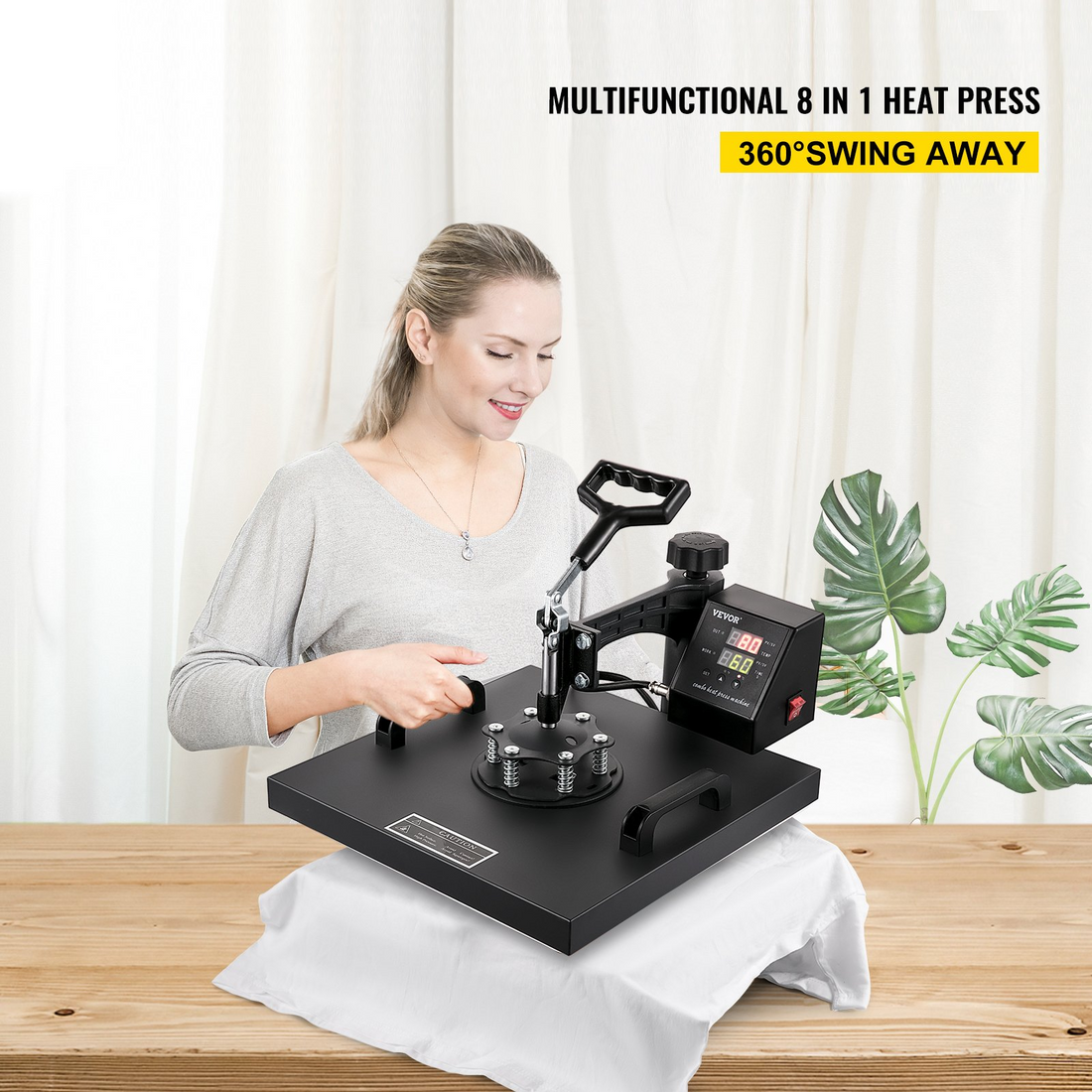 Start2Finish VEVOR 8-in-1 15x15 inch heat press machine with swing-away design for sublimation, vinyl, and heat transfer projects.