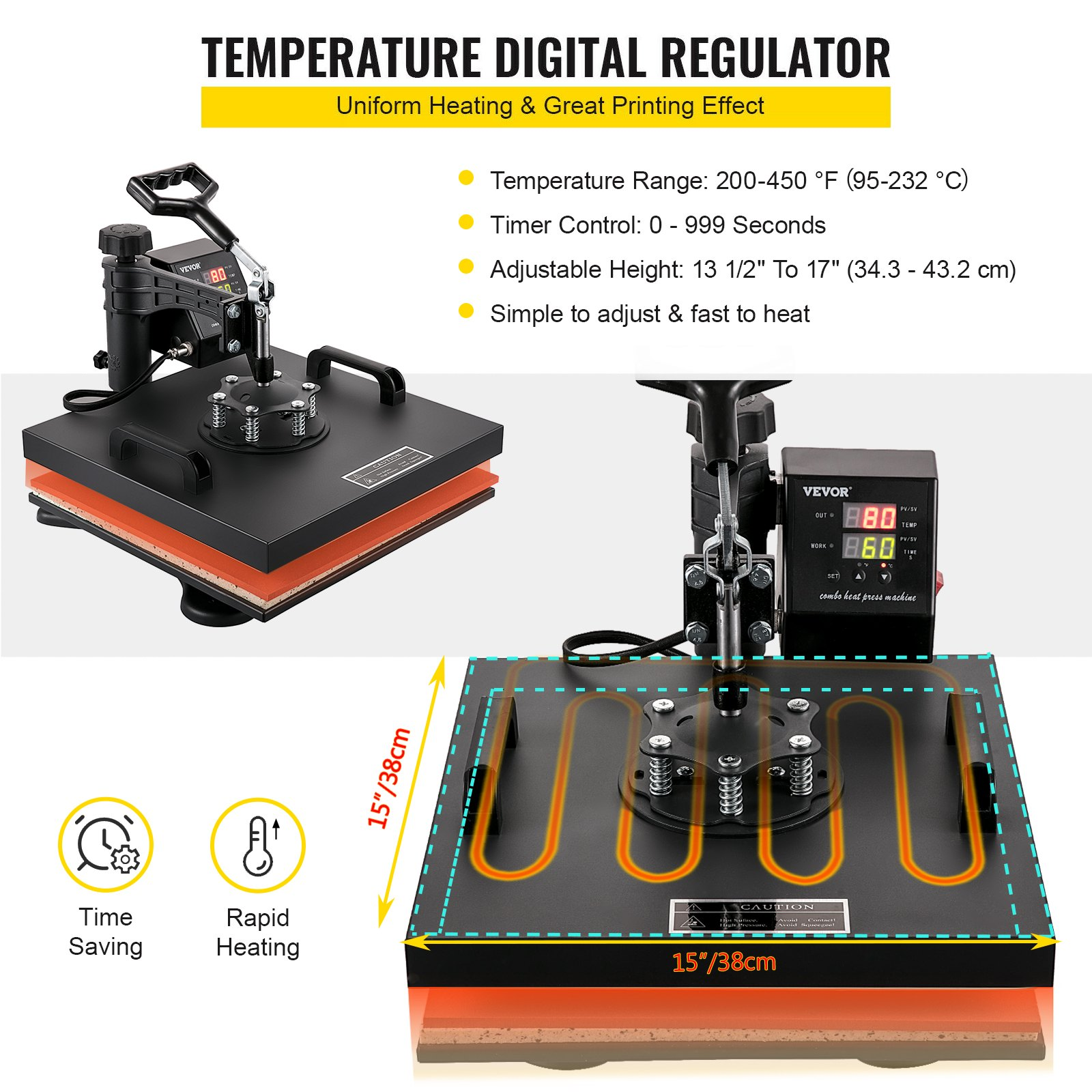 Start2Finish VEVOR 8-in-1 heat press machine with 15x15 inch pressing surface, swing-away design, for sublimation and heat transfer projects.