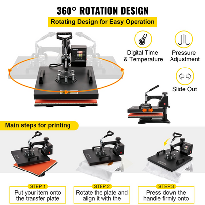 Start2Finish VEVOR 8-in-1 15x15 inch heat press machine with swing-away design for sublimation, vinyl, and heat transfer projects.