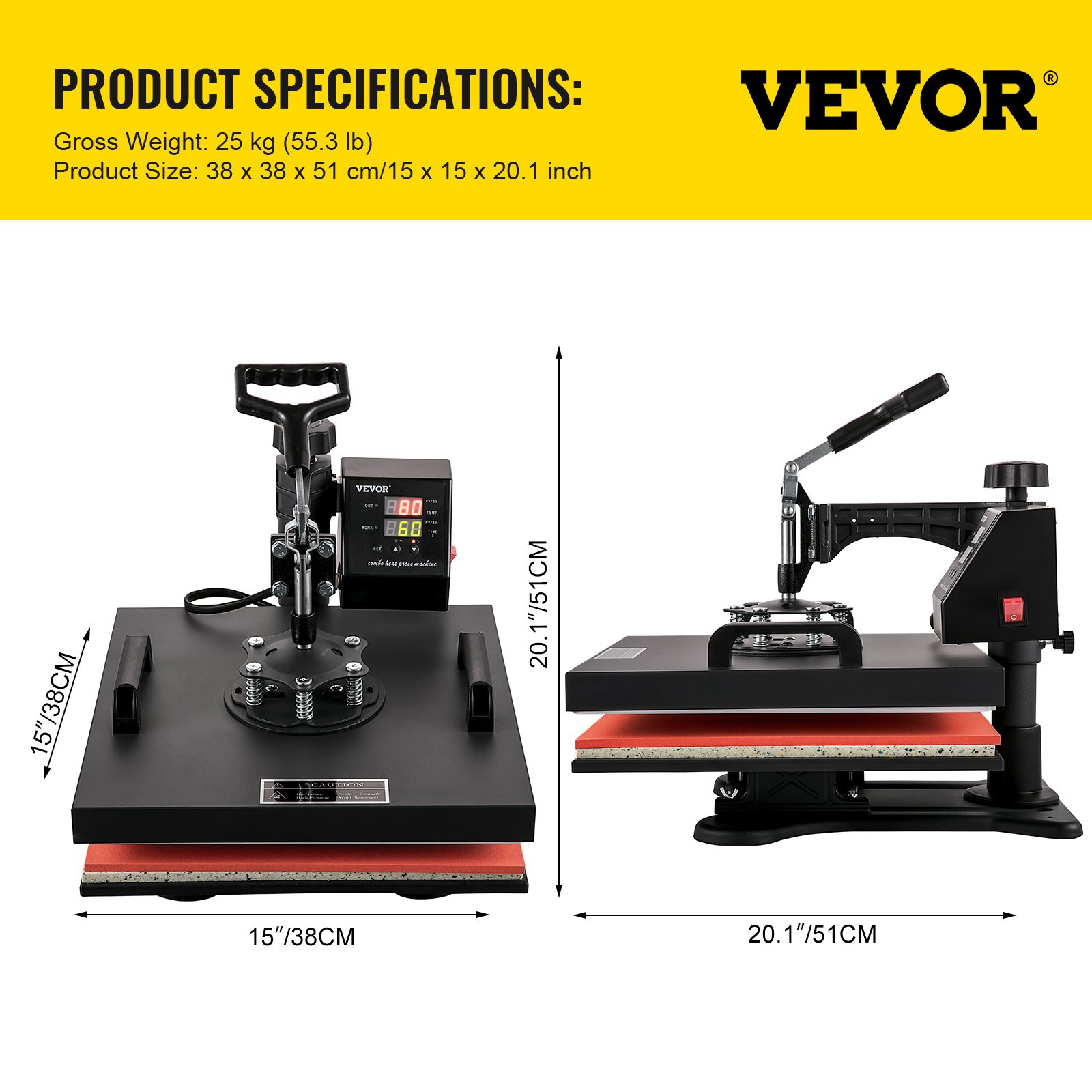 Start2Finish VEVOR 8-in-1 15x15 inch heat press machine with swing-away design for sublimation, vinyl, and heat transfer projects.