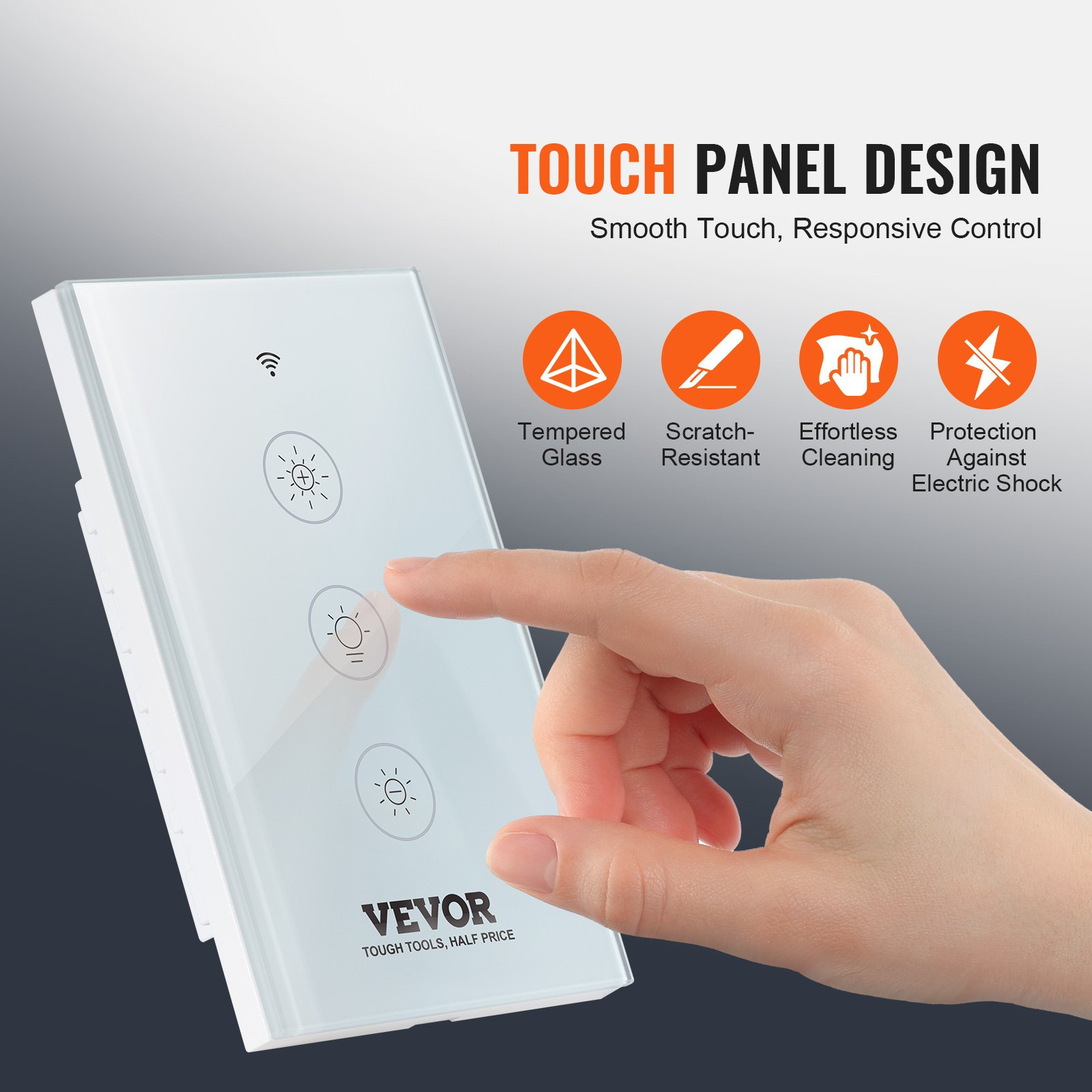 Start2Finish VEVOR WiFi smart dimmer switch with touch panel, remote control, and voice compatibility for LED lighting.